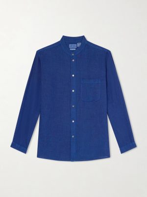 Grandad-Collar Linen-Chambray Shirt
