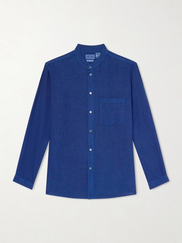 Grandad-Collar Linen-Chambray Shirt Grandad-Collar Linen-Chambray Shirt