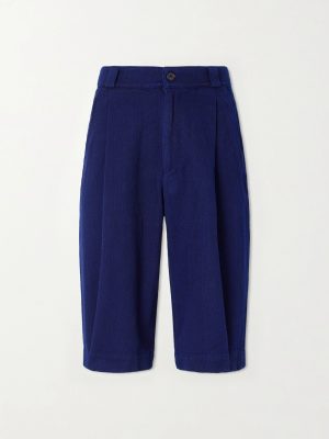 Wide-Leg Pleated Sashiko Cotton Shorts