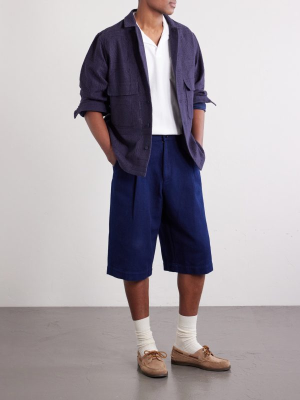 Wide-Leg Pleated Sashiko Cotton Shorts - OU Wide-Leg Pleated Sashiko Cotton Shorts - OU