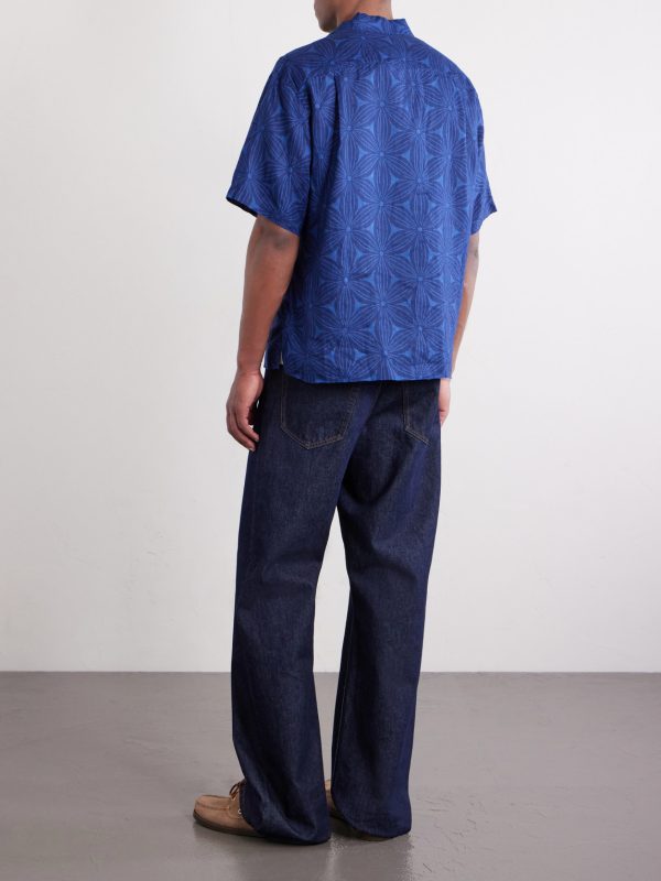 Sakura Camp-Collar Indigo-Dyed Floral-Print Linen Shirt - BK