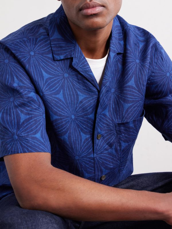Sakura Camp-Collar Indigo-Dyed Floral-Print Linen Shirt - CU