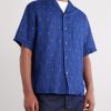 Sakura Camp-Collar Indigo-Dyed Floral-Print Linen Shirt - FR