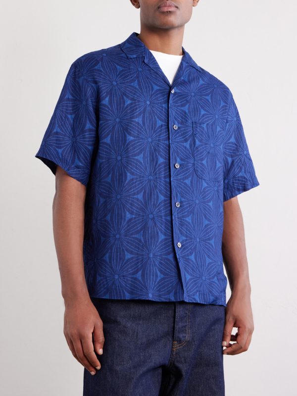 Sakura Camp-Collar Indigo-Dyed Floral-Print Linen Shirt - FR