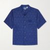 Sakura Camp-Collar Indigo-Dyed Floral-Print Linen Shirt