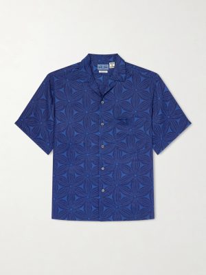 Sakura Camp-Collar Indigo-Dyed Floral-Print Linen Shirt