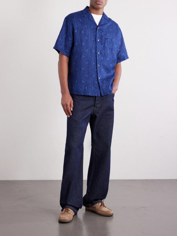 Sakura Camp-Collar Indigo-Dyed Floral-Print Linen Shirt - OU