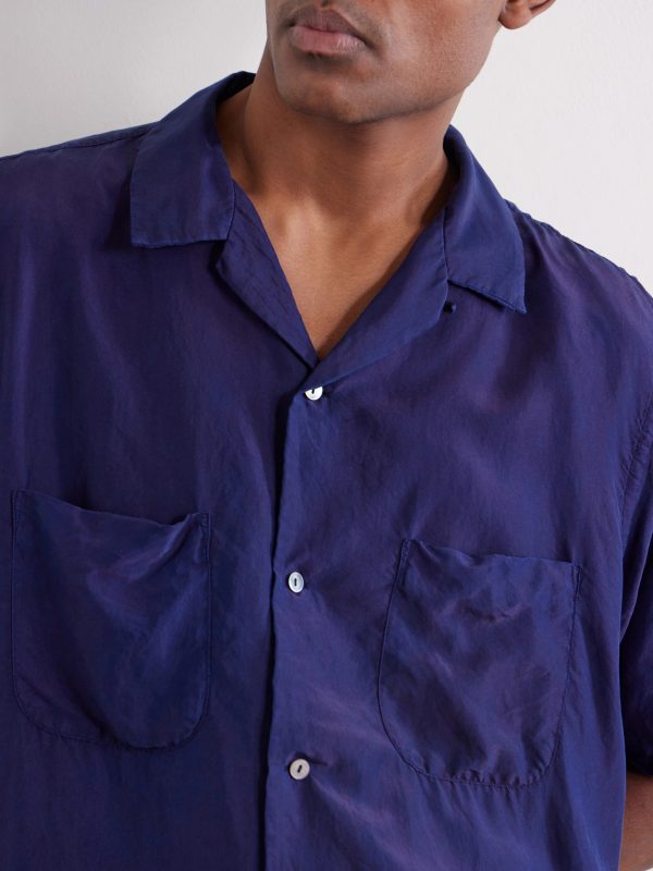 Convertible-Collar Indigo-Dyed Silk-Habotai Shirt - CU