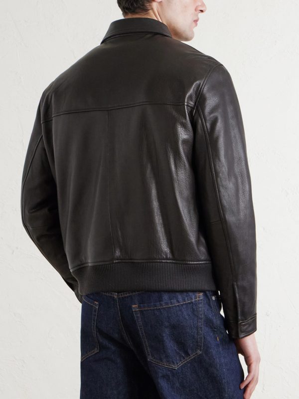 Textured-Leather Bomber Jacket - BK Textured-Leather Bomber Jacket - BK