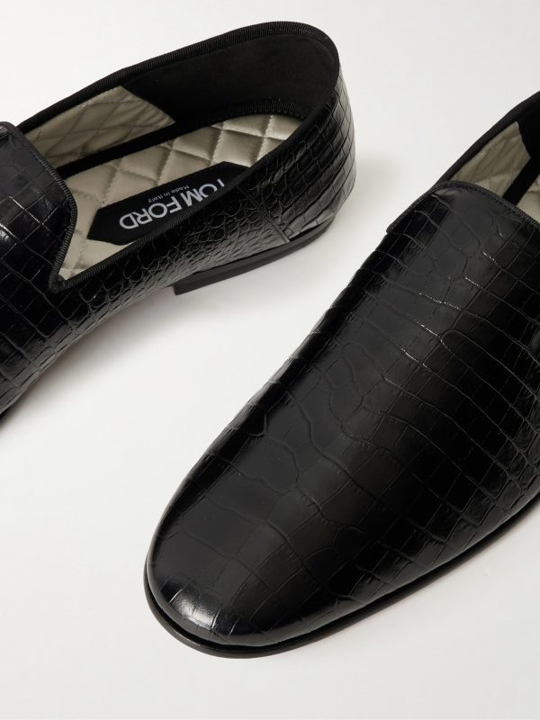 Steven Grosgrain-Trimmed Croc-Effect Leather Loafers - CU