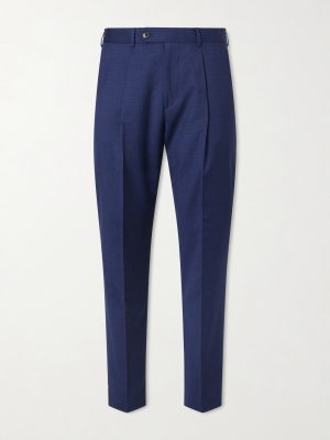 Tapered Pleated Checked Wool Trousers