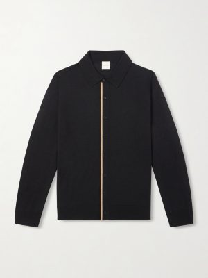 Stripe-Trimmed Merino Wool Polo Shirt