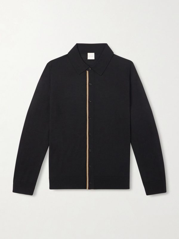 Stripe-Trimmed Merino Wool Polo Shirt