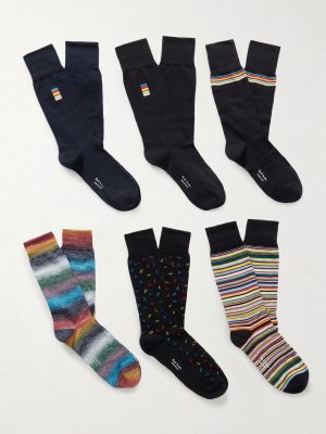 Pack of Six Embroidered Striped Cotton-Blend Socks Pack of Six Embroidered Striped Cotton-Blend Socks