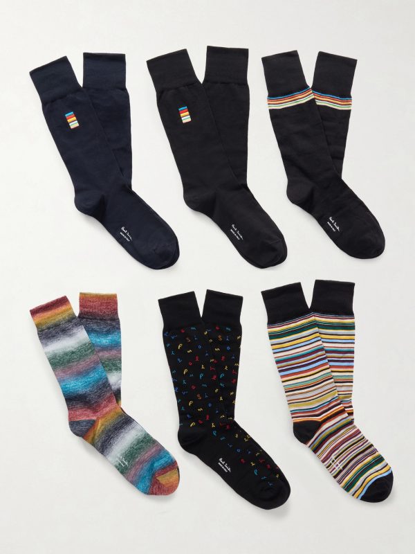 Pack of Six Embroidered Striped Cotton-Blend Socks Pack of Six Embroidered Striped Cotton-Blend Socks