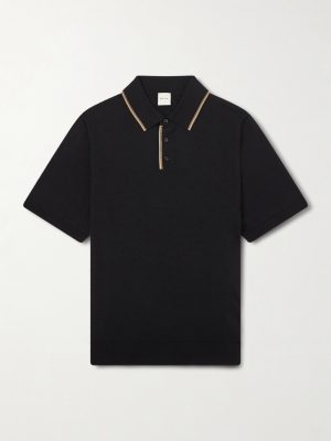 Stripe-Trimmed Merino Wool Polo Shirt