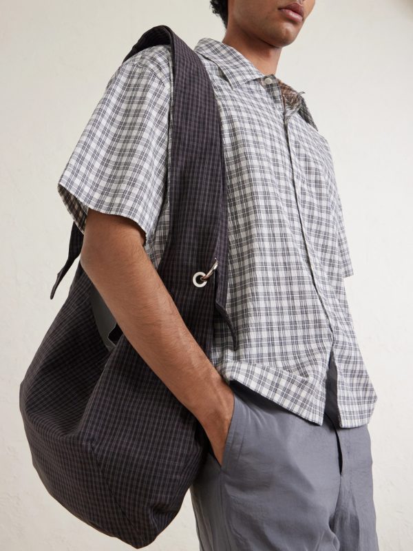 Eyelet Checked Cotton and Linen-Blend Canvas Shoulder Bag - FR