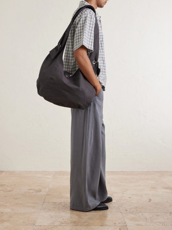 Eyelet Checked Cotton and Linen-Blend Canvas Shoulder Bag - OU