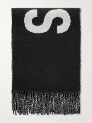 Logo-Intarsia Fringed Wool Scarf