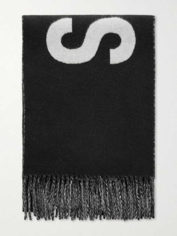 Logo-Intarsia Fringed Wool Scarf Logo-Intarsia Fringed Wool Scarf