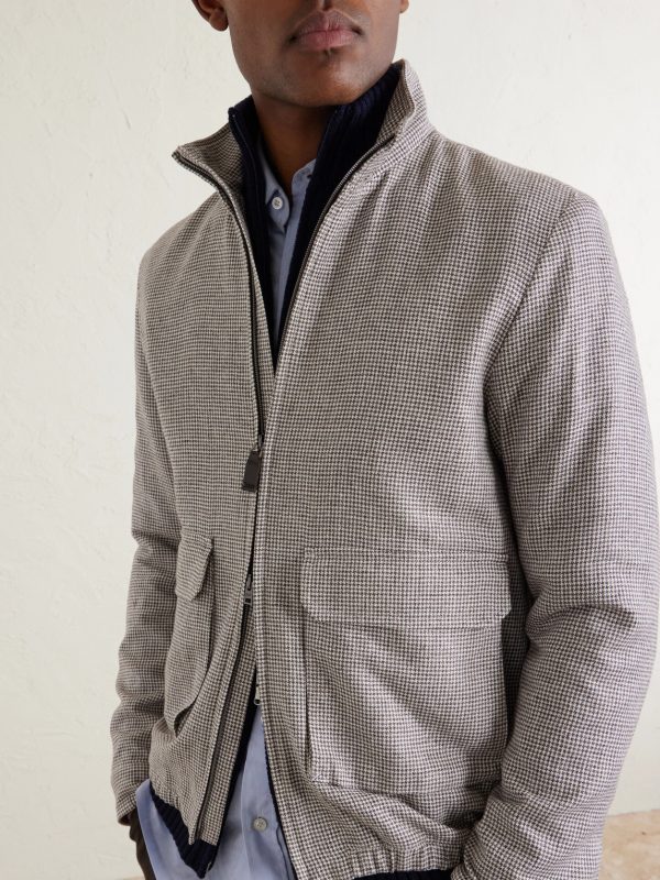 Houndstooth Linen-Blend Bomber Jacket - CU