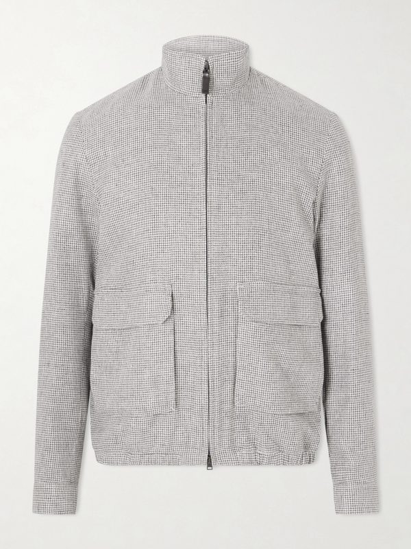 Houndstooth Linen-Blend Bomber Jacket