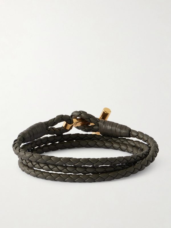 Woven Leather and Gold-Plated Wrap Bracelet - BK Woven Leather and Gold-Plated Wrap Bracelet - BK