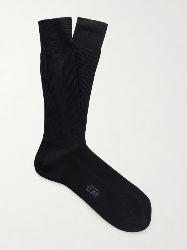 Logo-Embroidered Ribbed Silk Socks