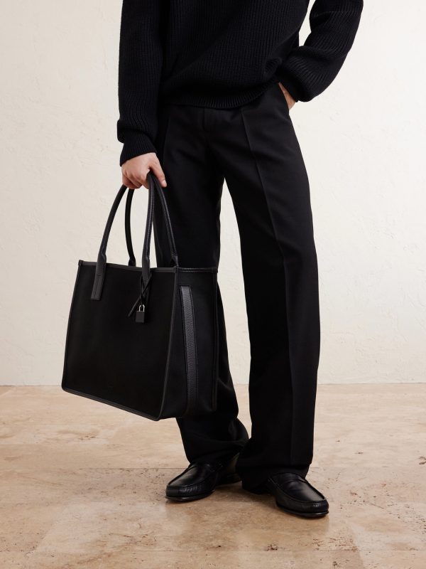 East-West Leather-Trimmed Cotton-Canvas Tote Bag - E2