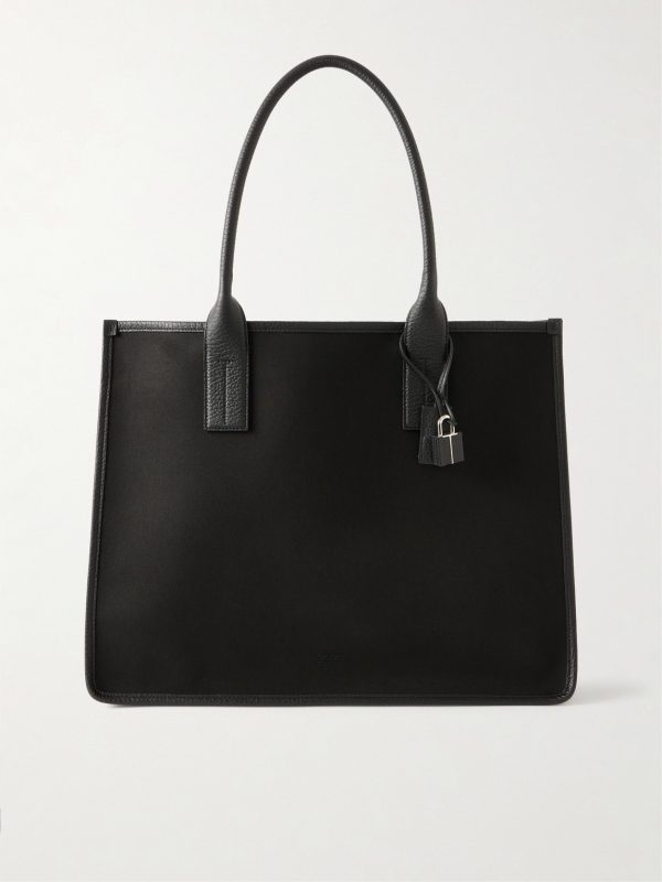 East-West Leather-Trimmed Cotton-Canvas Tote Bag