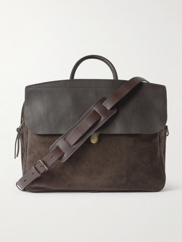Zeppo Duo Full-Grain Leather-Trimmed Suede Briefcase Zeppo Duo Full-Grain Leather-Trimmed Suede Briefcase
