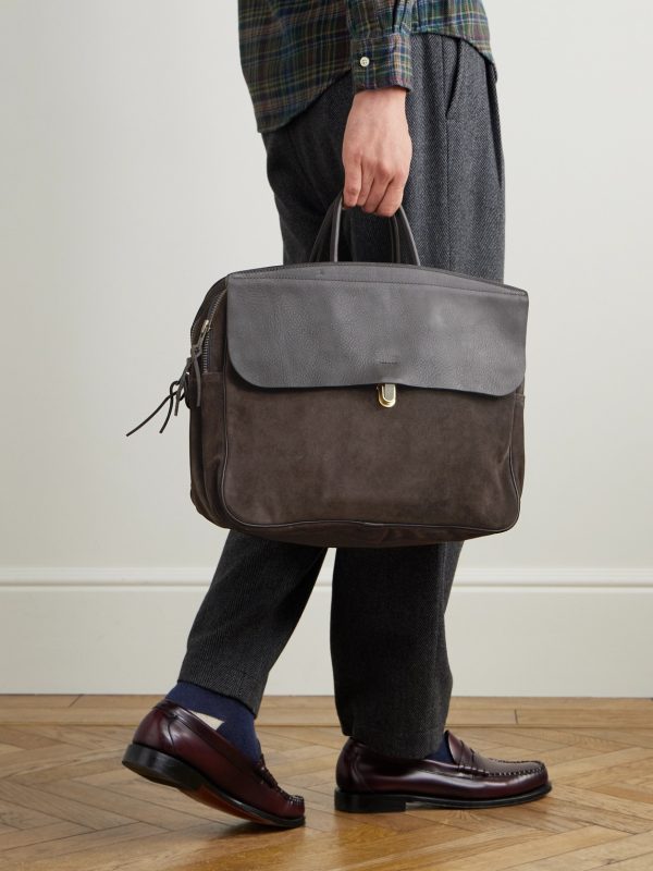 Zeppo Duo Full-Grain Leather-Trimmed Suede Briefcase - OU Zeppo Duo Full-Grain Leather-Trimmed Suede Briefcase - OU