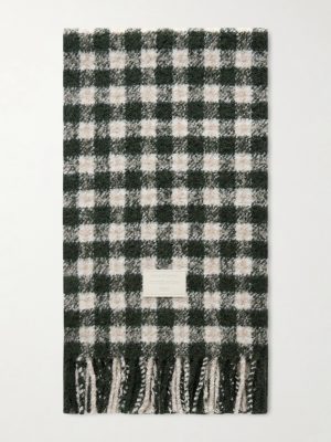 Fringed Logo-Appliquéd Leather-Trimmed Knitted Scarf Fringed Logo-Appliquéd Leather-Trimmed Knitted Scarf