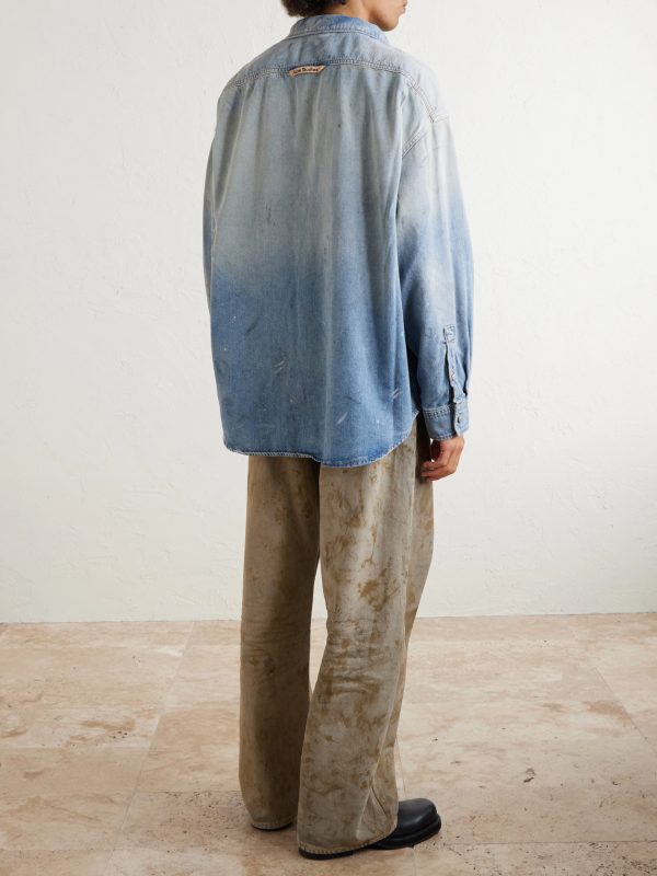 Paint-Splattered Distressed Denim Shirt - BK Paint-Splattered Distressed Denim Shirt - BK