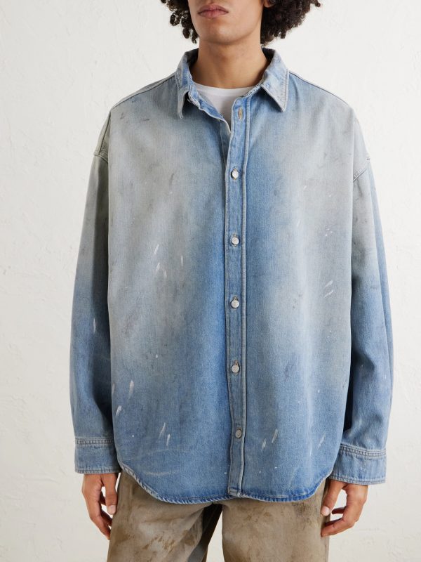 Paint-Splattered Distressed Denim Shirt - FR Paint-Splattered Distressed Denim Shirt - FR