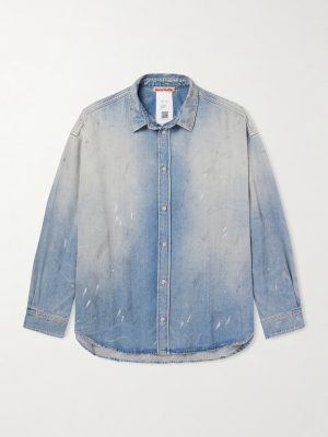 Paint-Splattered Distressed Denim Shirt