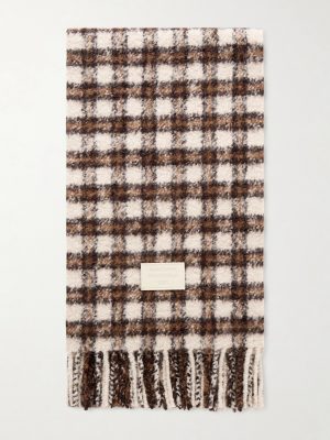 Fringed Logo-Appliquéd Leather-Trimmed Knitted Scarf Fringed Logo-Appliquéd Leather-Trimmed Knitted Scarf