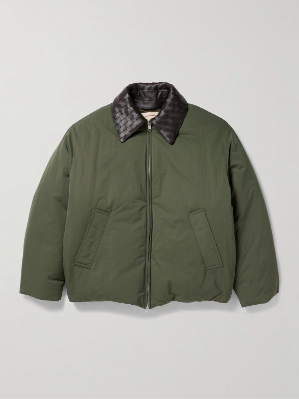 Intrecciato Leather-Trimmed Shell Down Jacket