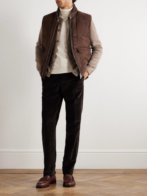Locke Wool-Trimmed Quilted Suede Down Gilet - OU Locke Wool-Trimmed Quilted Suede Down Gilet - OU
