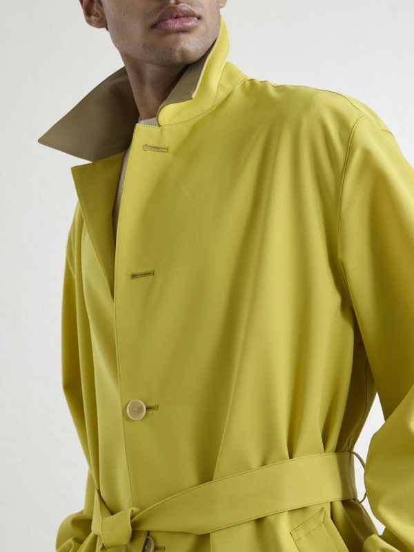Belted Leather-Trimmed Wool-Canvas Trench Coat - E2