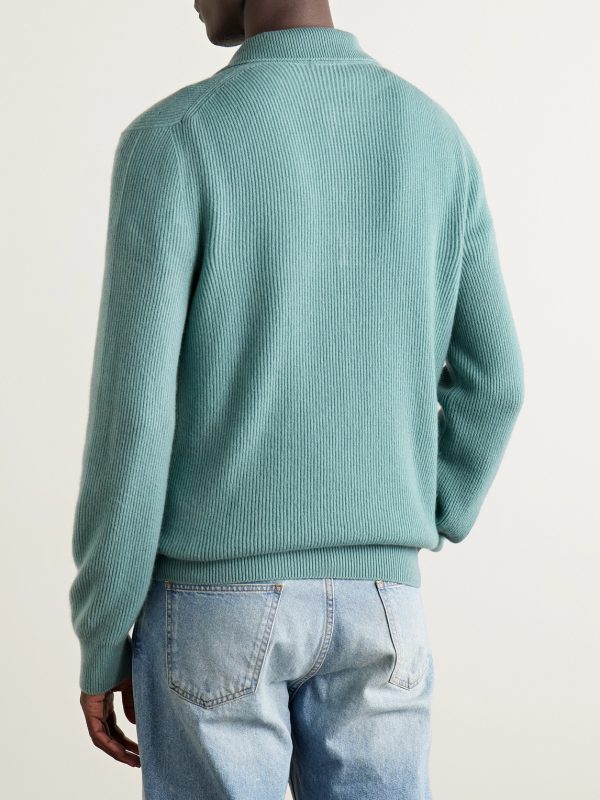 Ribbed Cashmere Polo Shirt - BK Ribbed Cashmere Polo Shirt - BK