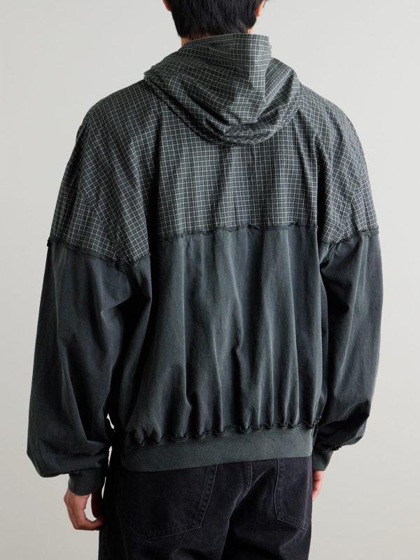 Distressed Logo-Print Checked Cotton-Twill and Jersey Hooded Jacket - BK Distressed Logo-Print Checked Cotton-Twill and Jersey Hooded Jacket - BK
