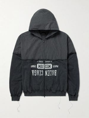 Distressed Logo-Print Checked Cotton-Twill and Jersey Hooded Jacket Distressed Logo-Print Checked Cotton-Twill and Jersey Hooded Jacket