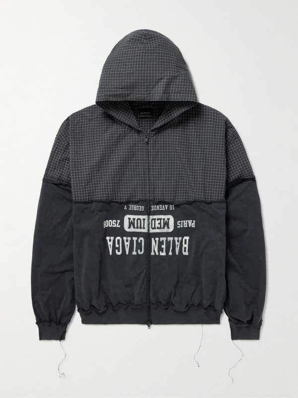 Distressed Logo-Print Checked Cotton-Twill and Jersey Hooded Jacket Distressed Logo-Print Checked Cotton-Twill and Jersey Hooded Jacket