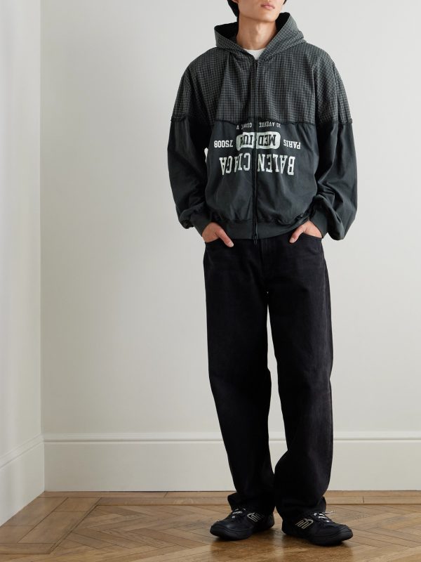 Distressed Logo-Print Checked Cotton-Twill and Jersey Hooded Jacket - OU Distressed Logo-Print Checked Cotton-Twill and Jersey Hooded Jacket - OU