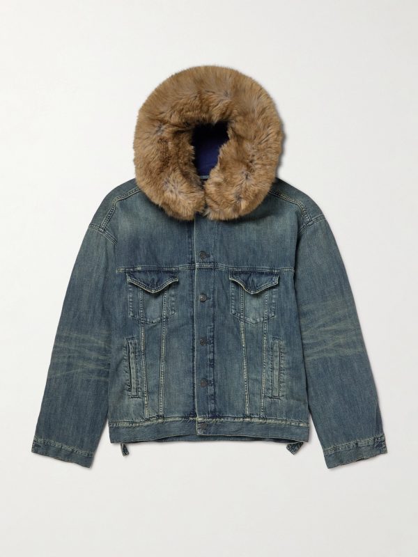 Plush-Trimmed Hooded Denim Jacket