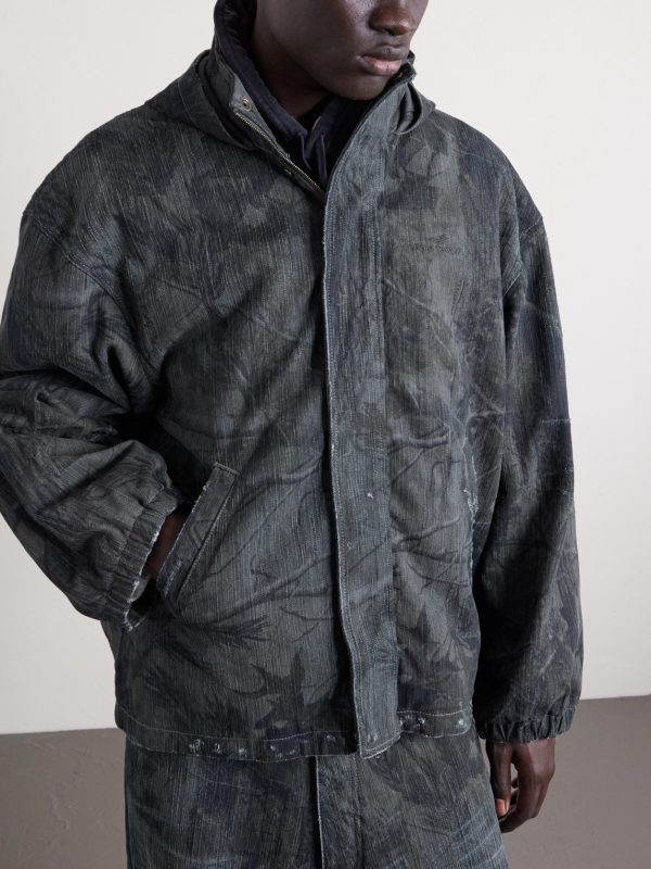 Logo-Embroidered Distressed Printed Denim Hooded Jacket - FR Logo-Embroidered Distressed Printed Denim Hooded Jacket - FR