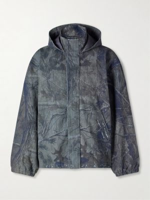 Logo-Embroidered Distressed Printed Denim Hooded Jacket