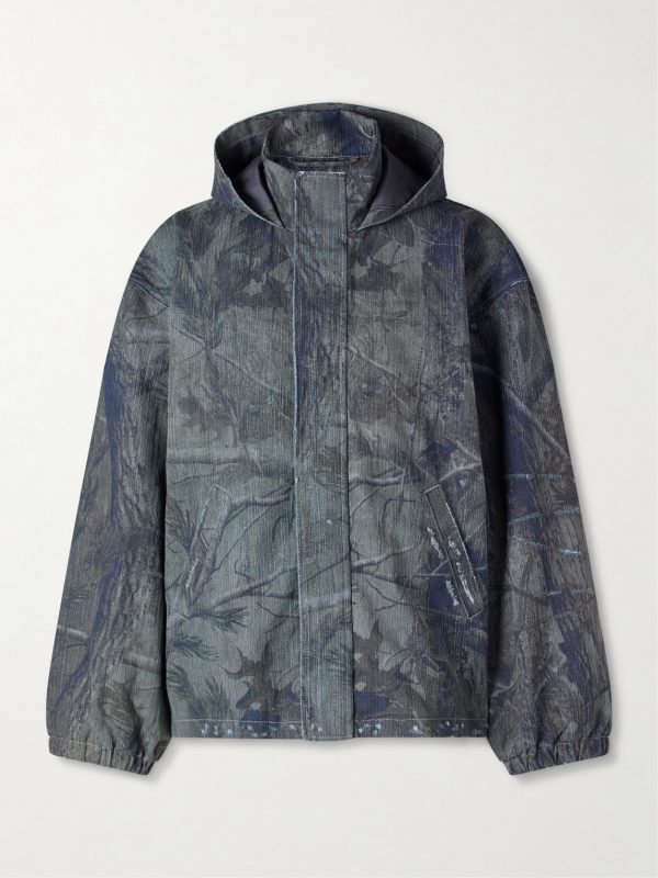 Logo-Embroidered Distressed Printed Denim Hooded Jacket Logo-Embroidered Distressed Printed Denim Hooded Jacket