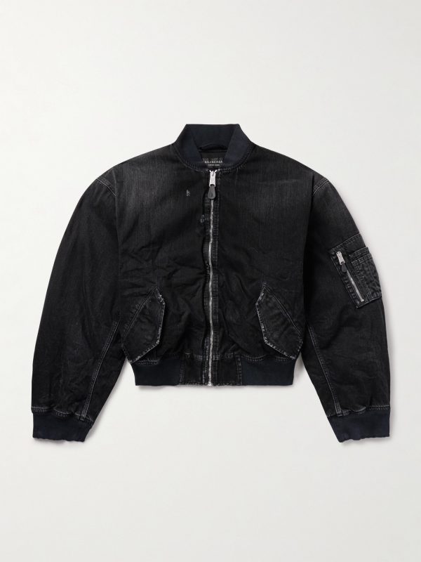 Distressed Denim Bomber Jacket